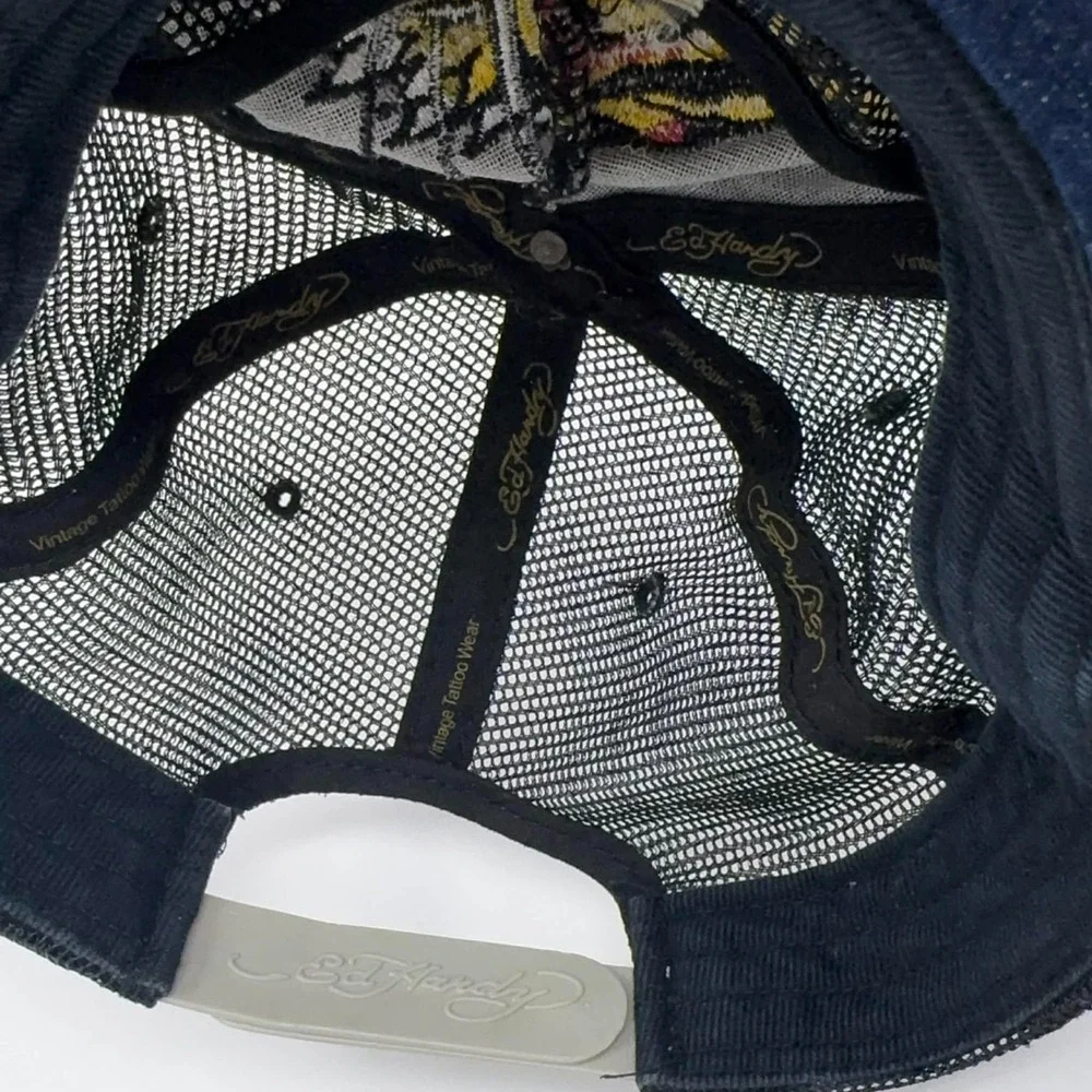 VTG Y2K Ed Hardy Trucker Hat Embroidered Tattoo Tiger Head Black Mesh Snapback - Picture 11 of 13